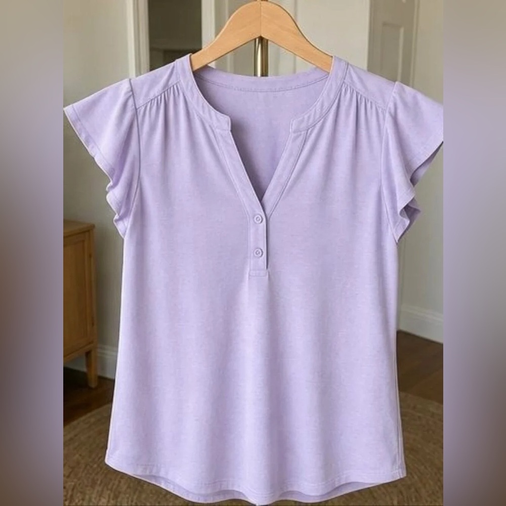 Women’s Lavender Flutter Sleeve Henley Tee - Classic Short Sleeve Top